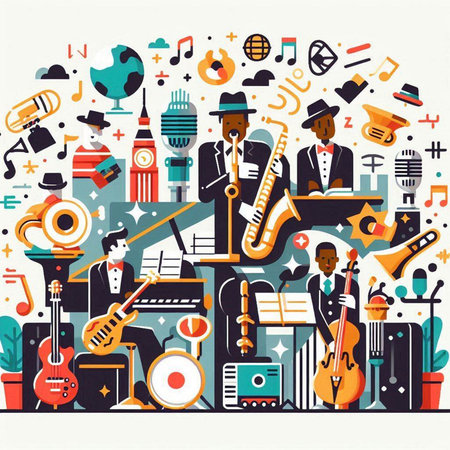 Music background with instruments. Vector illustration in flat design style. Music poster.のイラスト素材