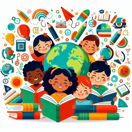 Vector illustration of happy children reading books. Back to school concept.のイラスト素材