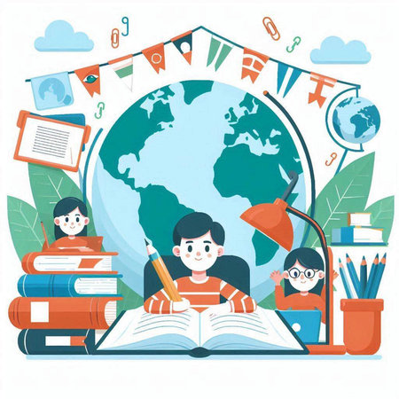 Vector illustration of kids studying at school with world globe in the backgroundのイラスト素材