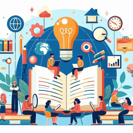 People studying and reading books. Education and learning concept. Flat vector illustrationのイラスト素材