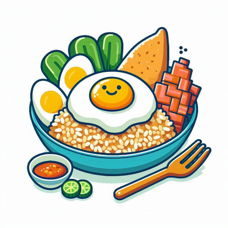 Illustration of rice bowl with fried egg, vegetables and sauce.のイラスト素材