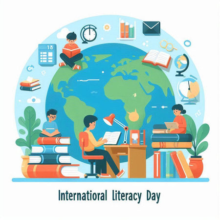 International literacy day flat vector illustration. World literacy day concept. Studying and learning.のイラスト素材