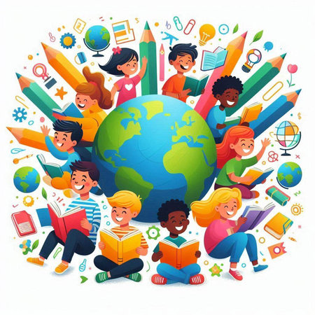 Vector illustration of children around the world. School and education concept.のイラスト素材