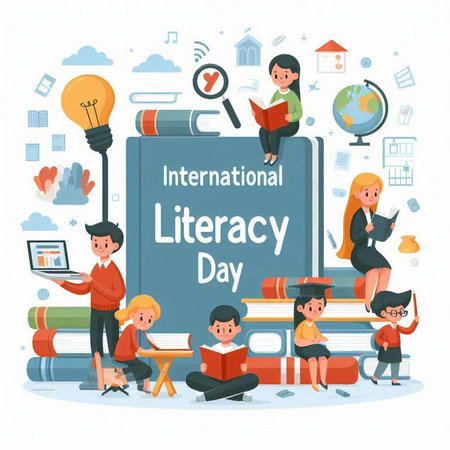 International Literacy Day. Group of children reading books and studying. Flat vector illustration.のイラスト素材