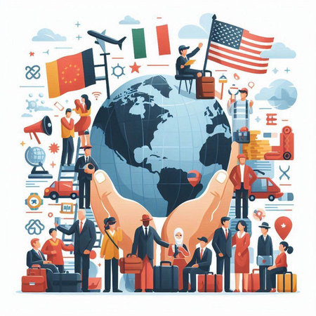 Vector illustration of business people working around the world. Flat style design for web, site, advertising, banner, poster, board and print.のイラスト素材