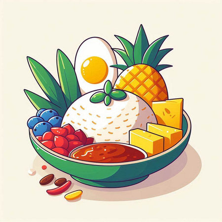 Illustration of a bowl of fresh fruits and vegetables with eggs and honeyのイラスト素材