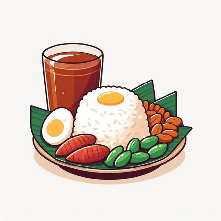 Illustration of Thai food - rice, fried egg, beans, green teaのイラスト素材