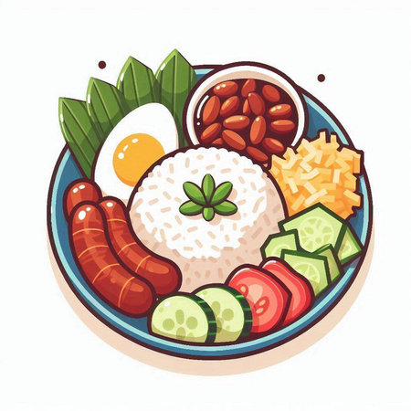 Illustration of Thai food on white background - rice, fried egg, sausages, vegetablesのイラスト素材