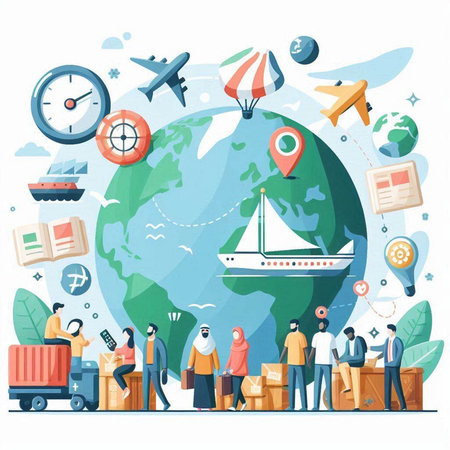 Transport and logistics concept. Vector flat graphic design illustration with people, world map, airplane, ship, truck, globe, globe, compass, magnifying glass, icons.のイラスト素材