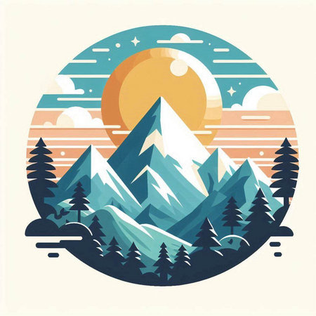 Mountain landscape with sun and pine trees. Vector illustration in flat style.のイラスト素材