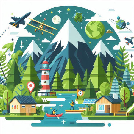 Landscape with lighthouse, mountains, trees and houses. Vector illustrationのイラスト素材