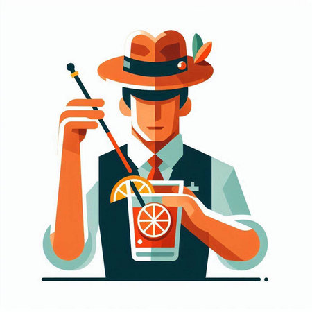 Gentleman in hat with cocktail. Vector illustration in flat styleのイラスト素材