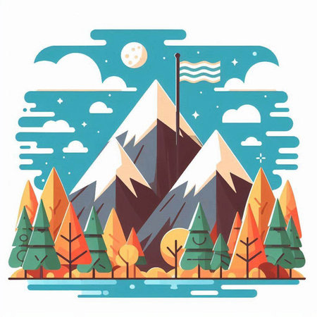 Mountain landscape with forest and lake. Vector illustration in flat styleのイラスト素材