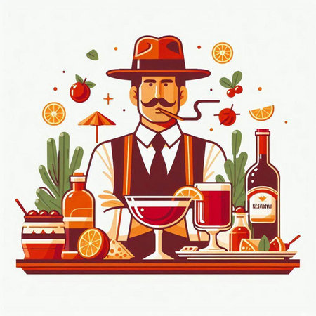 Vector illustration of a barman in a hat and apron with a cocktail.のイラスト素材