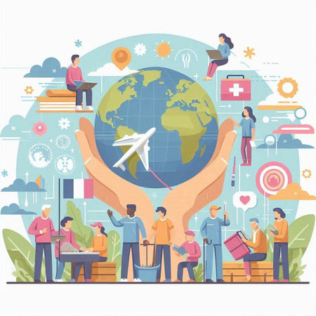 Flat design modern vector illustration concept of global education, e-learning, online courses, distance learning, e-learning.のイラスト素材