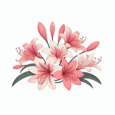 Bouquet of pink lilies on a white background. Vector illustration.のイラスト素材