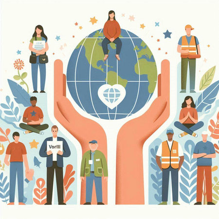 People around the world. Vector illustration in flat style. Hand holding Earth.のイラスト素材
