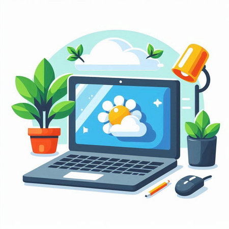 Laptop with cloud and sun on screen. Flat vector illustration.のイラスト素材