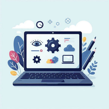 Laptop computer with eye and cloud computing vector illustration. Modern flat designのイラスト素材