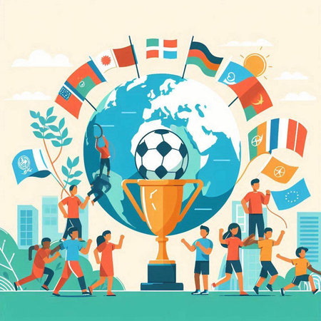 Soccer or football tournament concept with people and trophy cup vector illustrationのイラスト素材