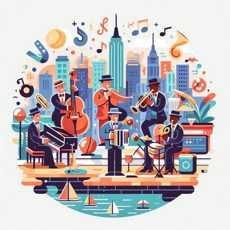 Musical band in the city. Vector illustration in flat style.のイラスト素材