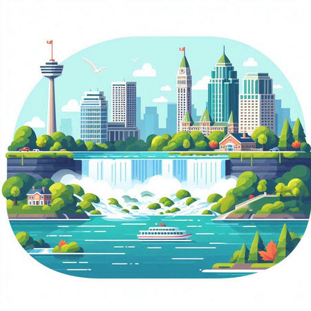 Cityscape with river and skyscrapers. Vector illustration in flat styleのイラスト素材