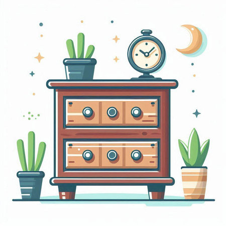 Night bedside table with clock and cactus. Vector illustration.のイラスト素材