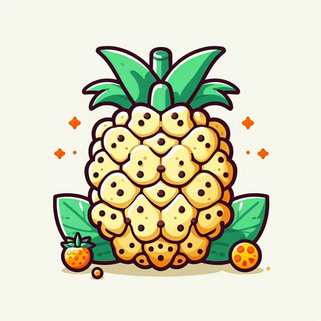 Cute cartoon pineapple fruit character with leaves and berries. Vector illustration.のイラスト素材