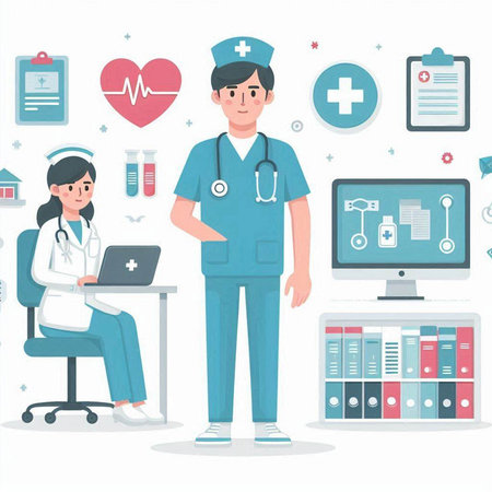 Doctor and nurse in medical uniform with laptop. Flat style vector illustration.のイラスト素材