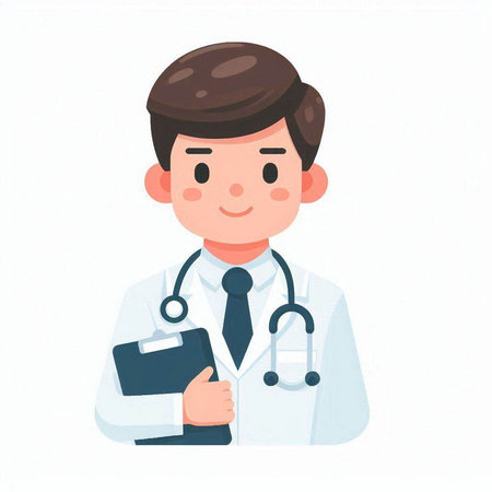 Male doctor with stethoscope and clipboard. Vector illustration in cartoon style.のイラスト素材