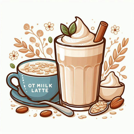 Coffee latte with whipped cream, coffee beans and cinnamonのイラスト素材