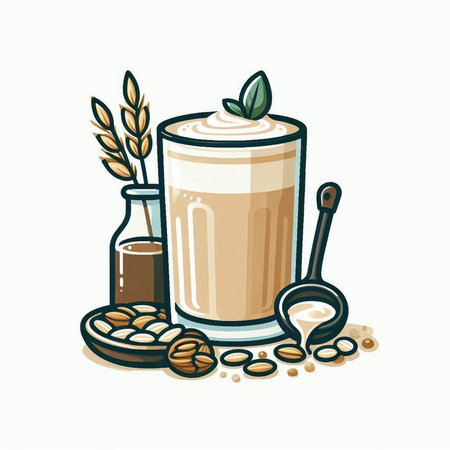 Coffee latte in a glass cup, beans, sugar, spoon, bottle. Vector illustration.のイラスト素材