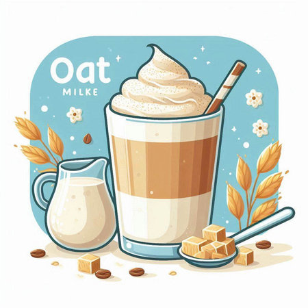 Vector illustration of a cup of coffee with whipped cream, milk and grainsのイラスト素材