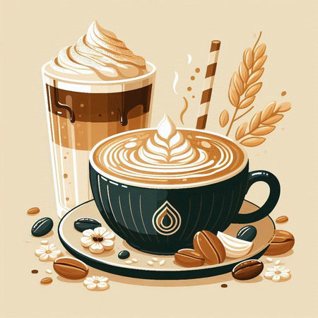 Coffee cup with whipped cream and coffee beans. Vector illustration.のイラスト素材