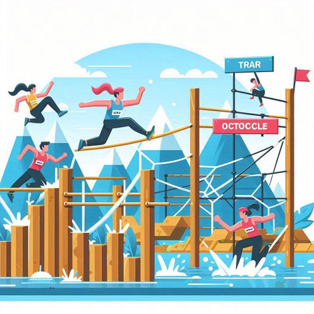 Vector illustration of people jumping over obstacle course. Teamwork, competition and challenge conceptのイラスト素材