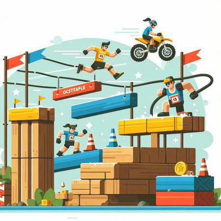 Biker jumping over obstacles, flat vector illustration isolated on white background.のイラスト素材