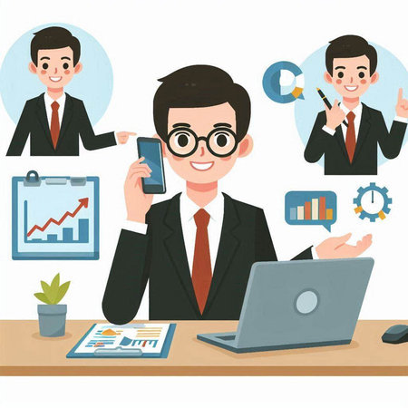 Businessman working with laptop and mobile phone in office. Vector illustration.のイラスト素材