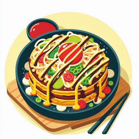 Illustration of omelette in a frying pan with chopsticksのイラスト素材