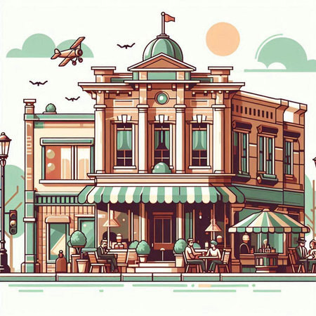 City street with cafes and restaurants. Vector illustration in retro style.のイラスト素材