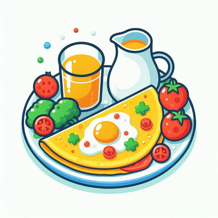 Breakfast with fried eggs, tomatoes, juice and pancakes. Vector illustration.のイラスト素材