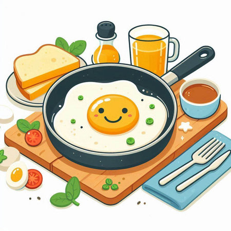 Fried egg in a frying pan. Vector illustration of a breakfast.のイラスト素材