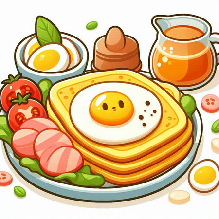 Illustration of a Plate of Pancakes with Fried Egg and Vegetablesのイラスト素材