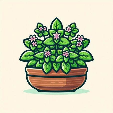 Illustration of a flower pot with pink flowers on a white backgroundのイラスト素材