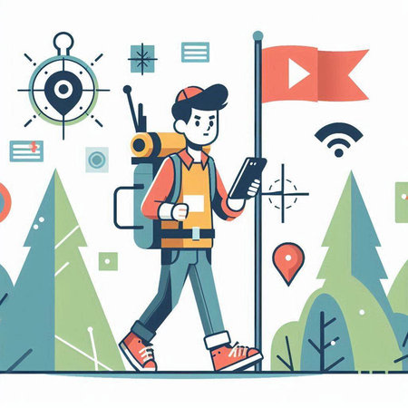 Tourist man with backpack and map. Vector illustration in flat styleのイラスト素材