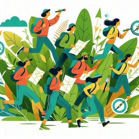 Vector illustration of a group of people with map and binocularsのイラスト素材