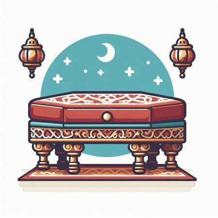 Illustration of arabic casket with lamps and crescent moonのイラスト素材