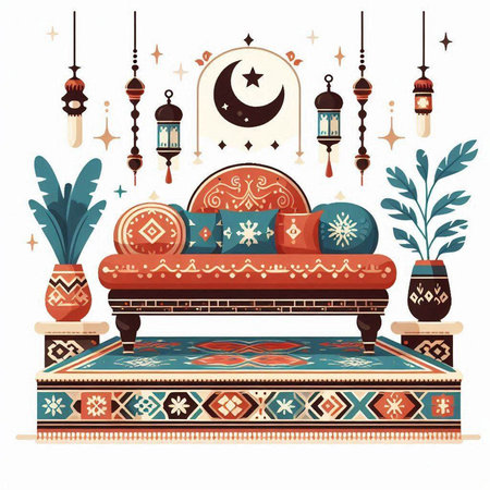 Interior of the mosque with a sofa, carpet, lamps and crescent moonのイラスト素材
