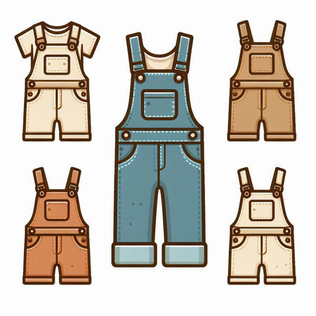 Set of different types of overalls. Vector illustration isolated on white background.のイラスト素材