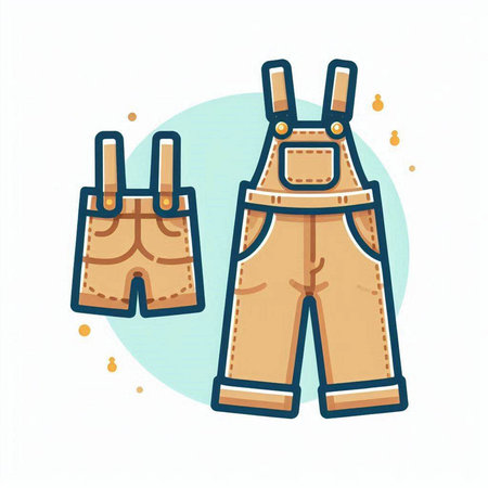 Vector illustration of a pair of denim shorts with suspenders. Flat line art style design.のイラスト素材