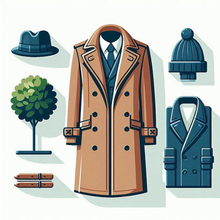 Set of men's coat and accessories. Vector illustration in flat style.のイラスト素材